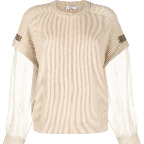 Brunello Cucinelli Sweaters - Brunello Cucinelli Cashmere Sweater Monili Beige Shear Sleeves Size X-Large New